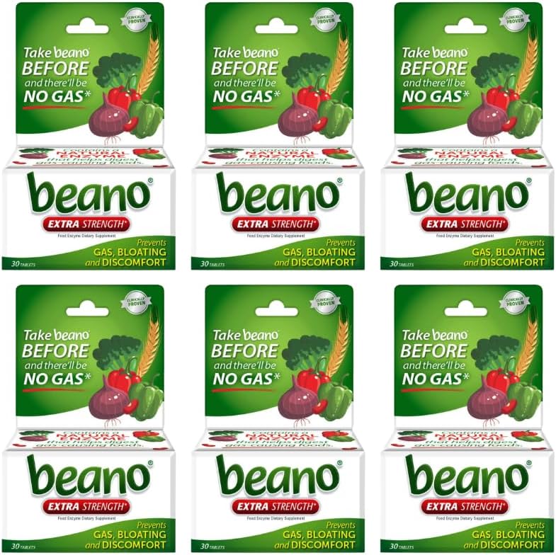 Beano Extra Force, Digestive Enzyme Supplement, Prevents Gas, Blooting and Discomfort (Packing May Vary) 30 Count Fiecare (Pachet de 6)