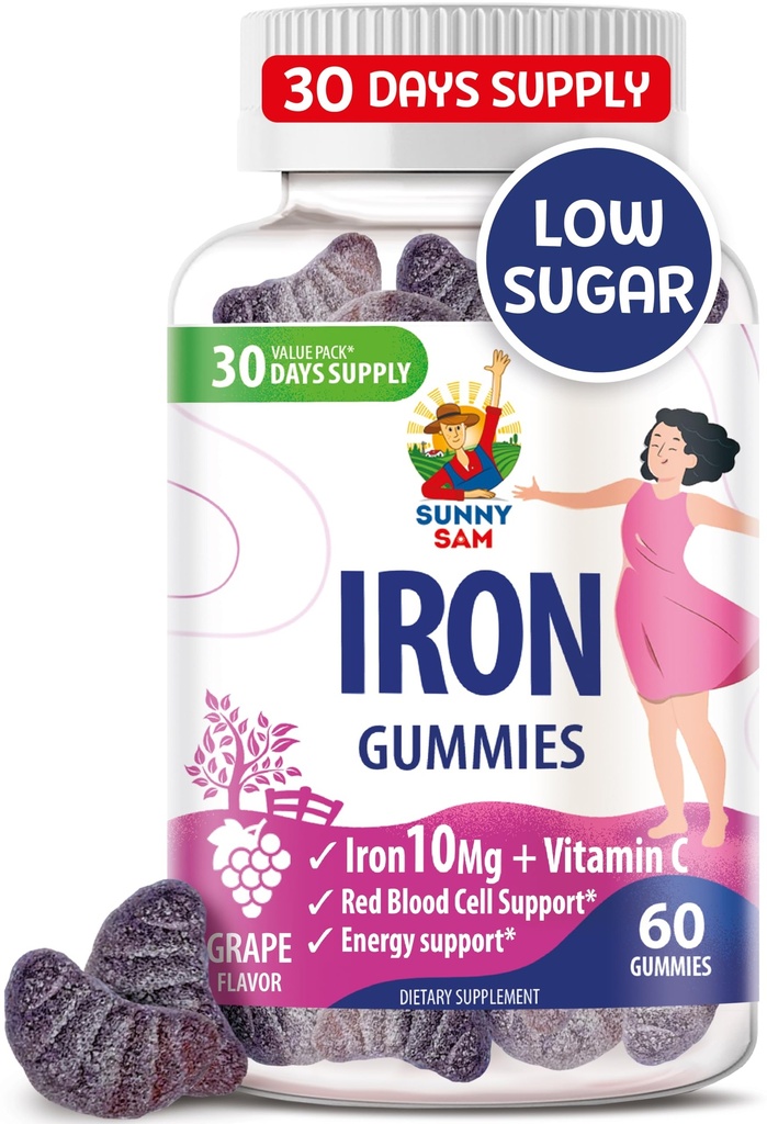 SUNNY SAM Gumies de fier pentru copii si adulti - Vitamine de fier cu vitamina C, 10 mg per servire - Gummy de fructe mestecabile pentru suport imunitar de producție de celule roșii din sânge