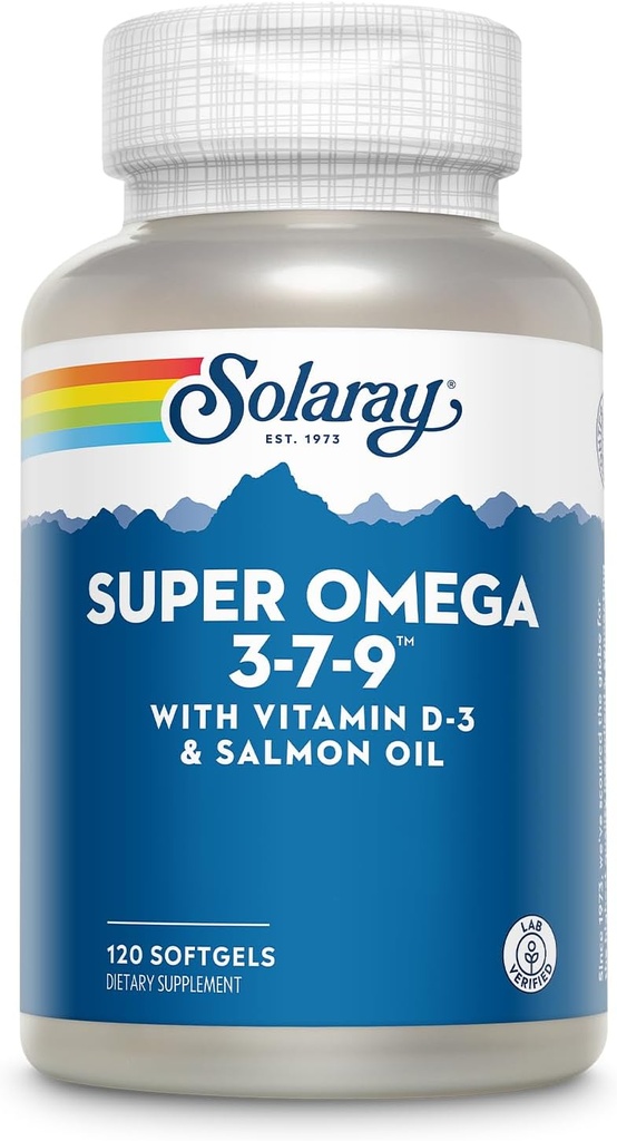 SOLARAY Super Omega 3 7 9 sprijină pielea sănătoasă, mai mult EPA, DHA, acizi grași esențiali din ulei de pește Mini Softgel, 120ct