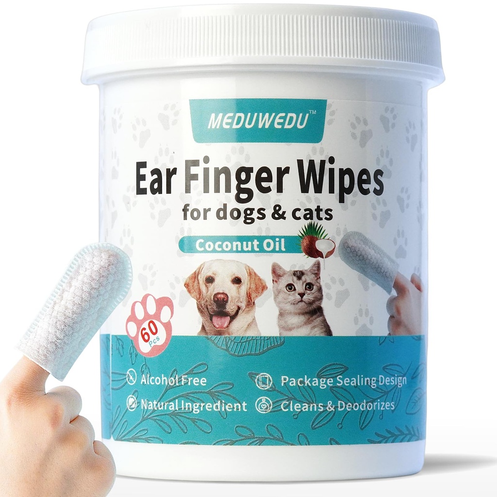 Ureche curata Degetul 60 Counts, Dog Ear Cleaner, Grooming Kit de îngrijire pentru câini și pisici, Soft & Easy Otic Curățare Pad-uri, Eliminați ceara, Dirt & Stop Smelly, Mâncărime, Non-Iritant, Coconut Scent