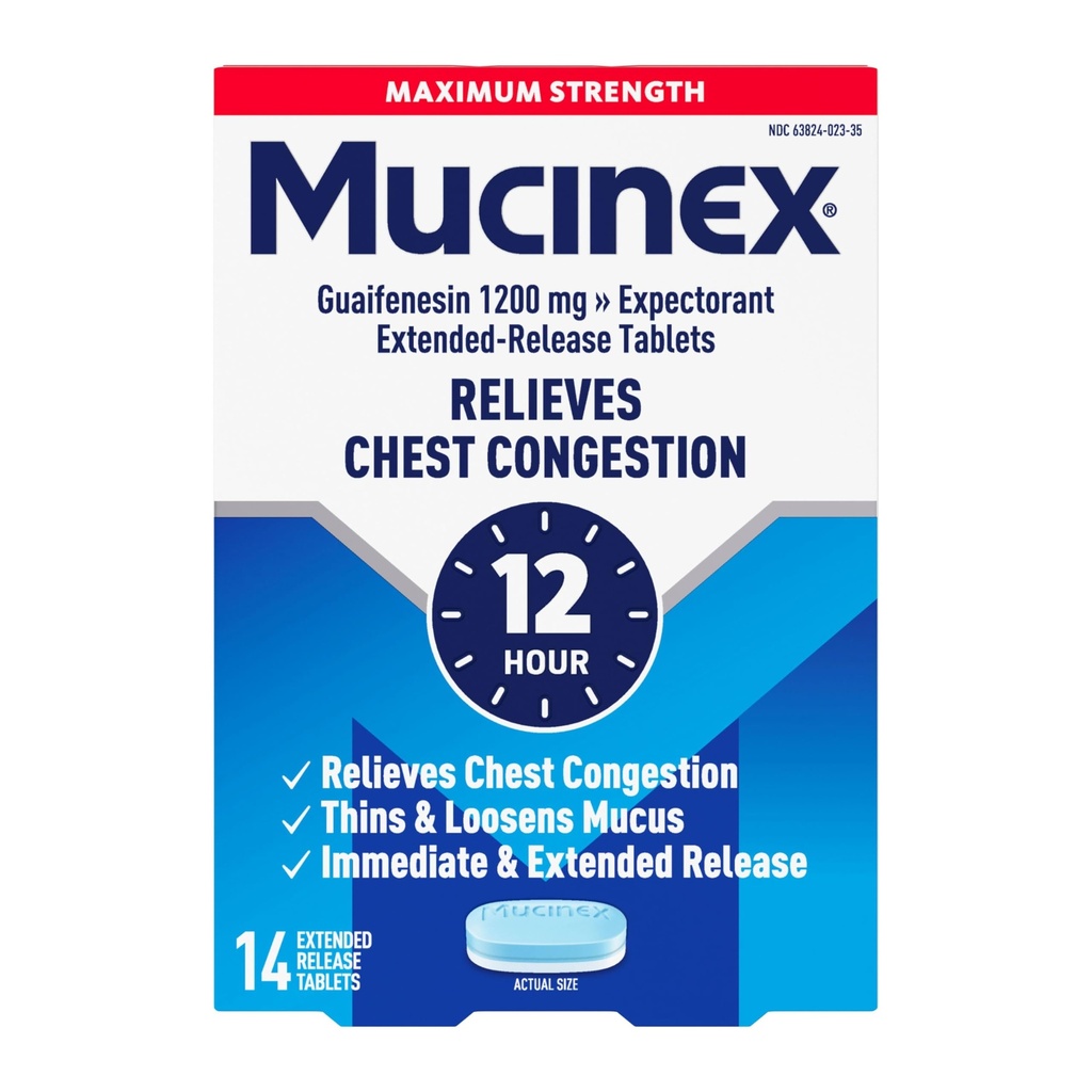 Congestia toracică Mucinex, concentraţia maximă de 12 ore comprimate cu eliberare prelungită, 14ct, 1200 mg Guaifensin cu eliberare prelungită a congestiei toracice cauzată de excesul de mucus, Thins şi slăbi Mucus