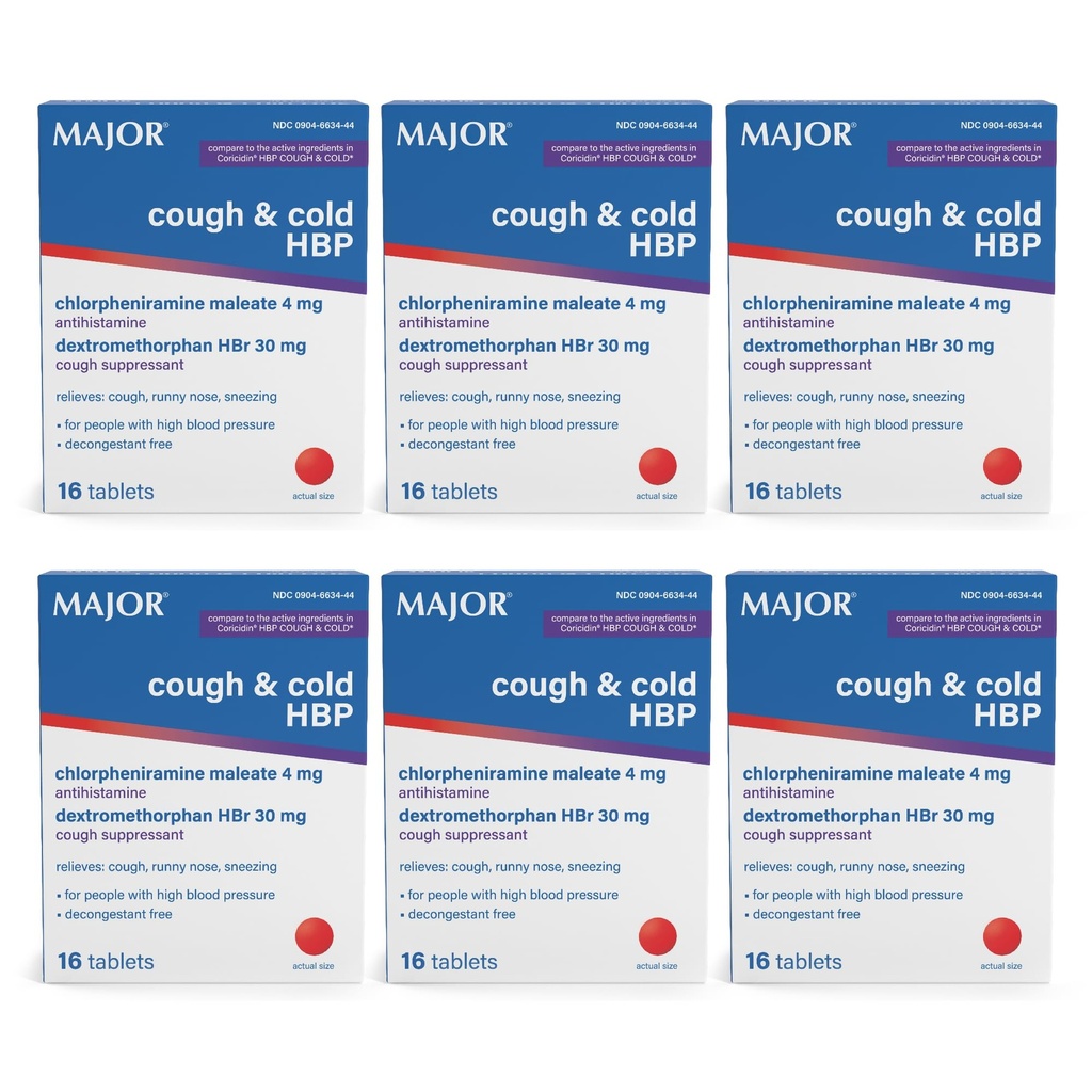 Tablete HBP de tuse şi rece - Antihistaminic şi Supresant de tuse pentru persoanele cu tensiune arterială mare - Dextrometorfan HBR, Chlorfeniramina Maleat - 16 Număr (6 ambalaj)
