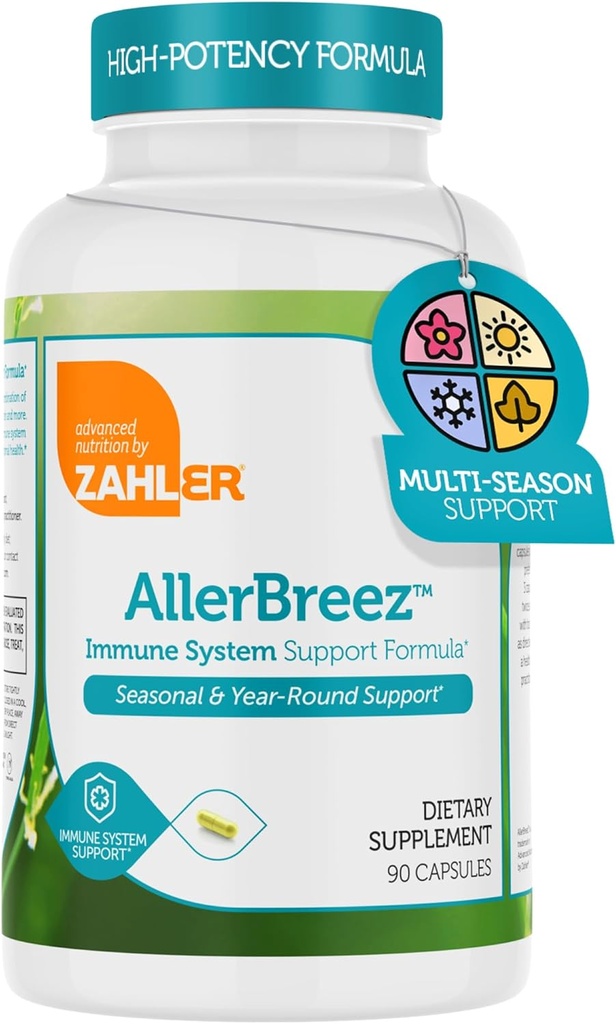 Zahler AllerBreez Immune System Support Formula cu Vitamina C, Querbetin, Vitamina B5, MSM & Stinging Nettle - Sezonier & Year-Round Immune Supplement Supplement, Drist Alergy Supplement (180 capsule)