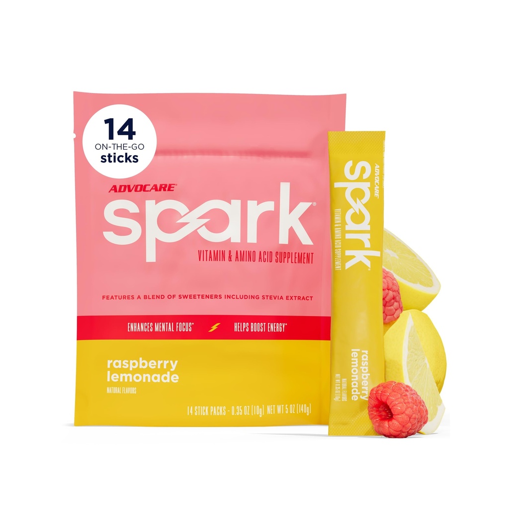 AdvoCare Spark Vitamina & Amino Acid Supliment - Zahăr-Free Focus & Energetic Drink pulbere cu vitamine A, C, E & B-12 - Raspberry Lemonade, 14 Stick Packs
