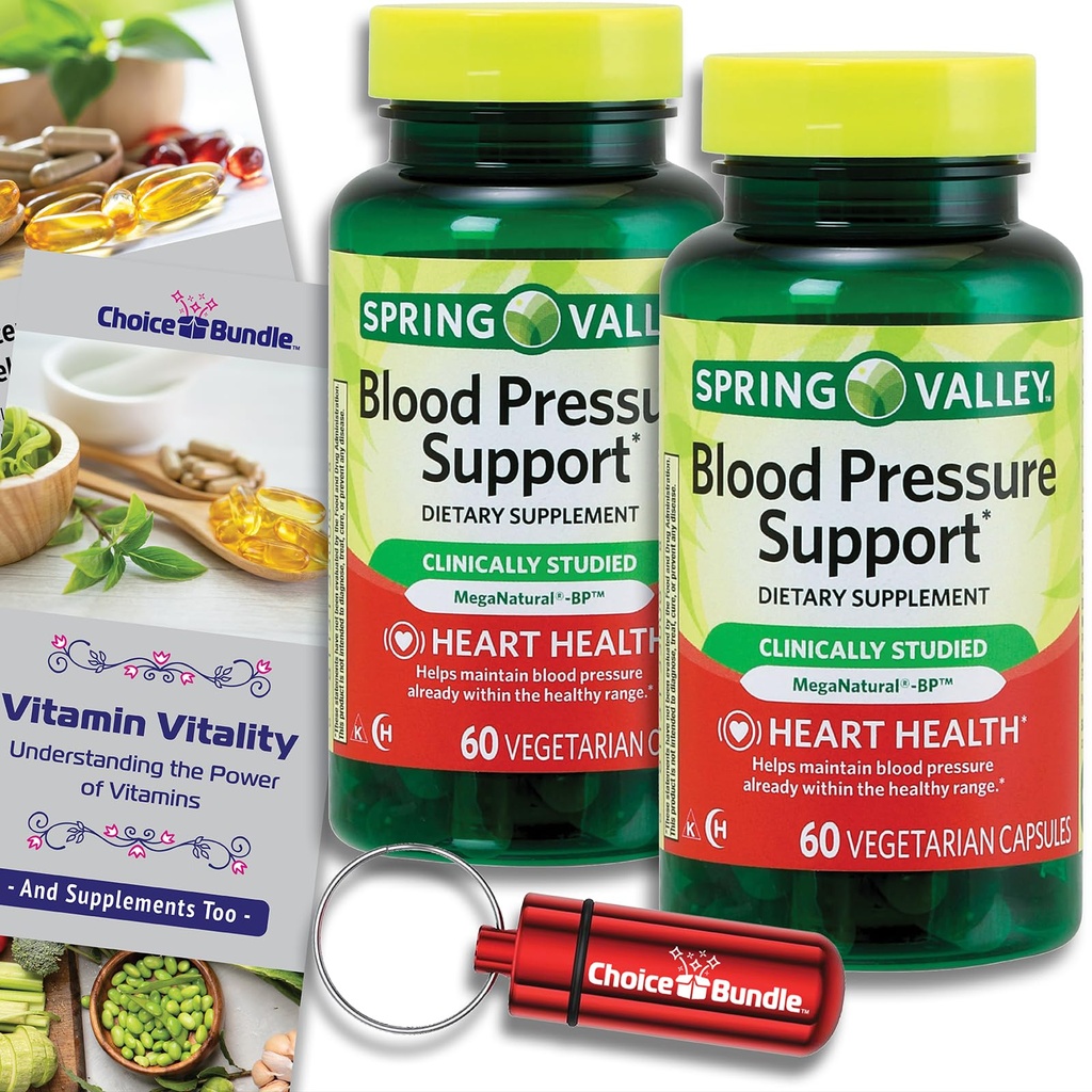 Alegerea Bundle Spring Valley Suport de tensiune arterială Capsule vegetariene 60 Ct 2 pk (120 Total) + Ghid de vitamine & Container de pastile (4 elemente)!