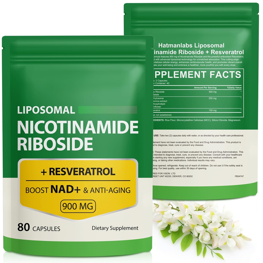 NAD Supliment cu Nicotinamidă Ribozidă - Resveratrol,Liposomal Nicotinamidă Ribozidă,Quercetină - Supliment NAD de înaltă puritate pentru anti- imbatranire, focalizare, energie 160 capsule (2 Bag)