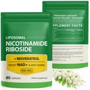 NAD Supliment cu Nicotinamidă Ribozidă - Resveratrol,Liposomal Nicotinamidă Ribozidă,Quercetină - Supliment NAD de înaltă puritate pentru anti- imbatranire, focalizare, energie 160 capsule (2 Bag)
