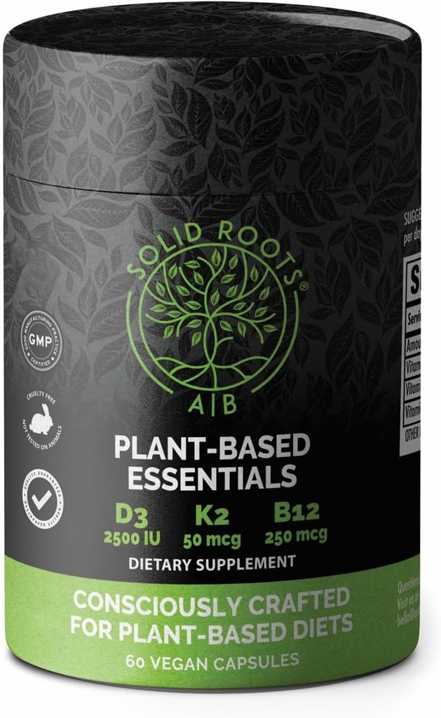 SOLD ROOTS Vegan Vitamina D3 + K2 + B12 pentru oase, inimă, piele, plante cu bază de dinți Multivitamine esențiale
