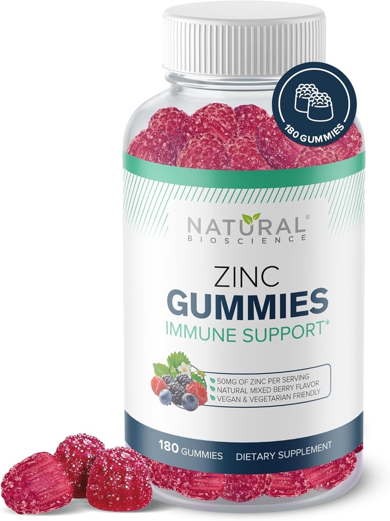 Gume de zinc 50mg - suport imunitar de mare potenta, sanatate a pielii, antioxidant, Daily Imunity Supplement pentru adulti, Vegan, Gluten-Free, Non-GMO, Chemable Zinc Citrate Gumies, 180 Gume