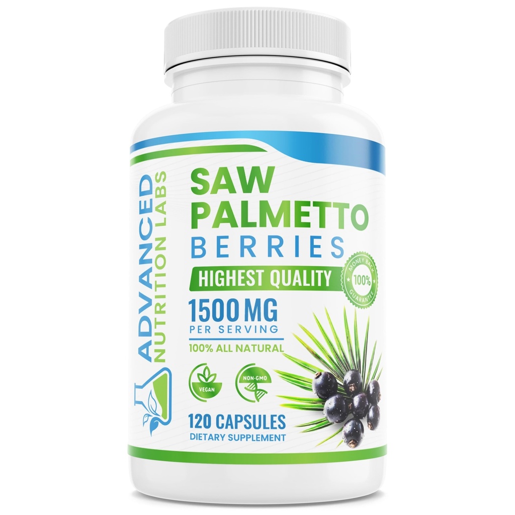 Saw Palmetto Berries & Extract - 1500 mg Saw Palmetto Supliment pentru barbati si femei - DHT Blocker pentru cresterea parului, suport prostata si sanatate urinara - 120 capsule Vegan