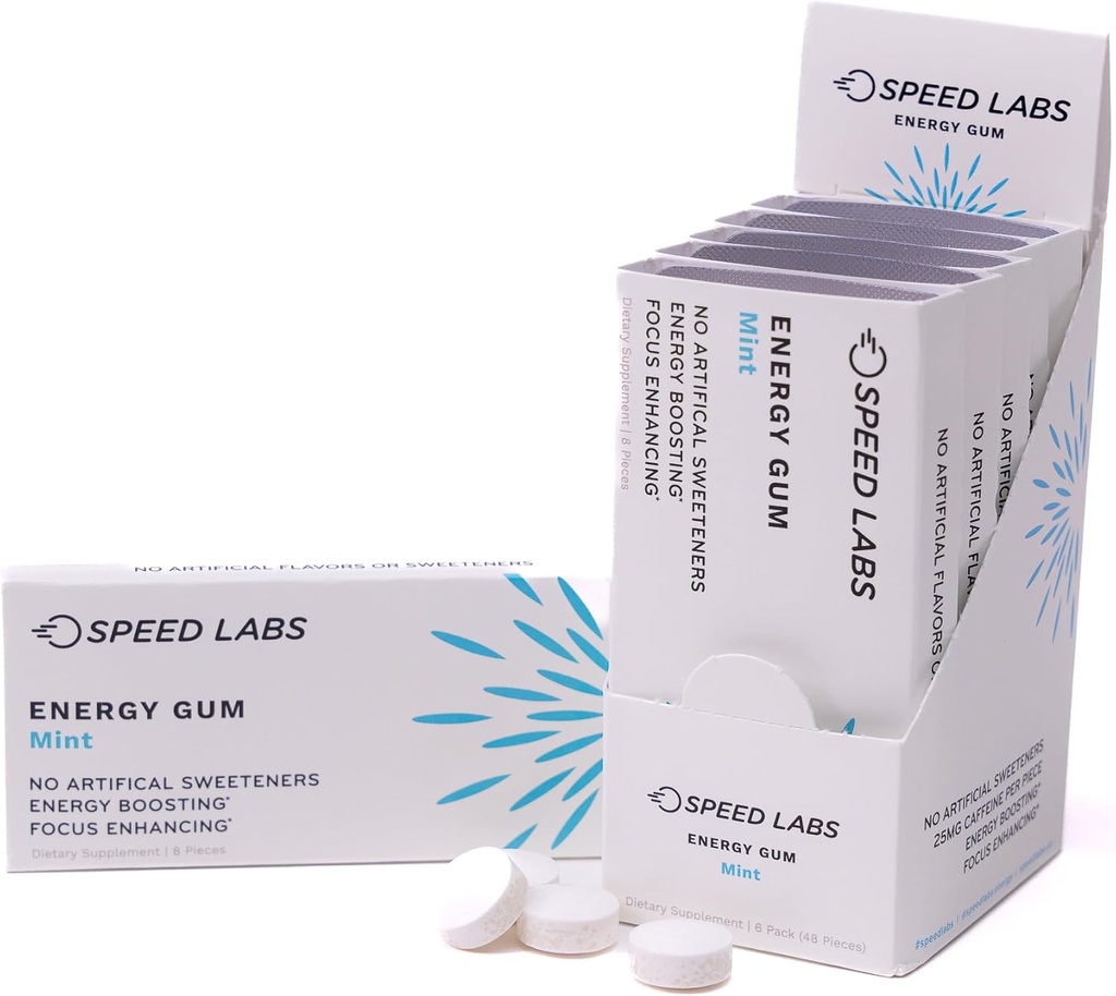 Speed Labs Mint Natural Caffeine Energy Gum 25mg Cafeina, Taurina, B Vitamine Per Piece, 48 Piese (6 Pachete de 8) Zahăr liber, Zero Calorii, îndulcit natural, Gluten gratuit
