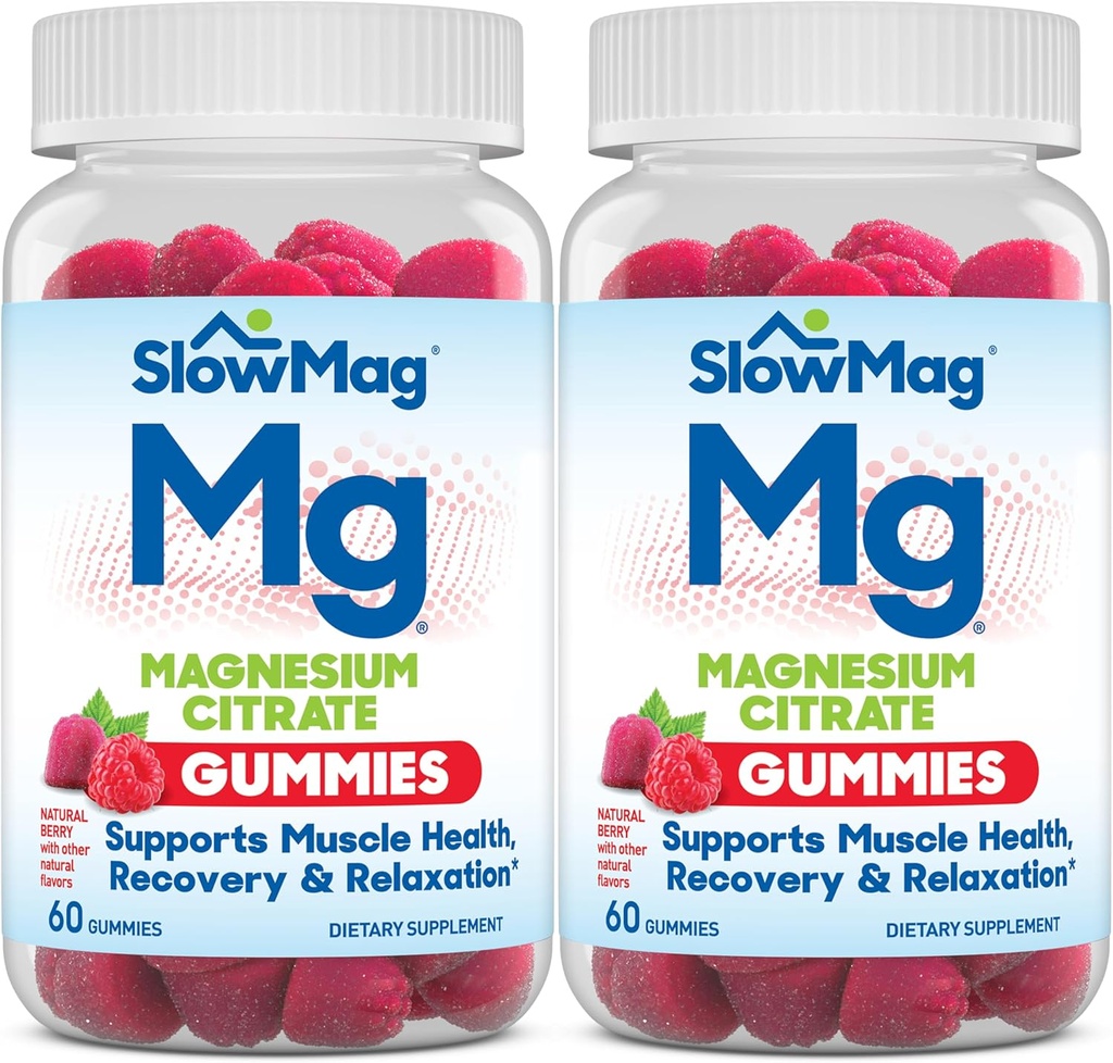 SlowMag Citrate Gummies Magneziu, 60 Count, Sprijină Sănătatea musculară, Aroma naturală Berry, Recuperare și relaxare pachet de 2