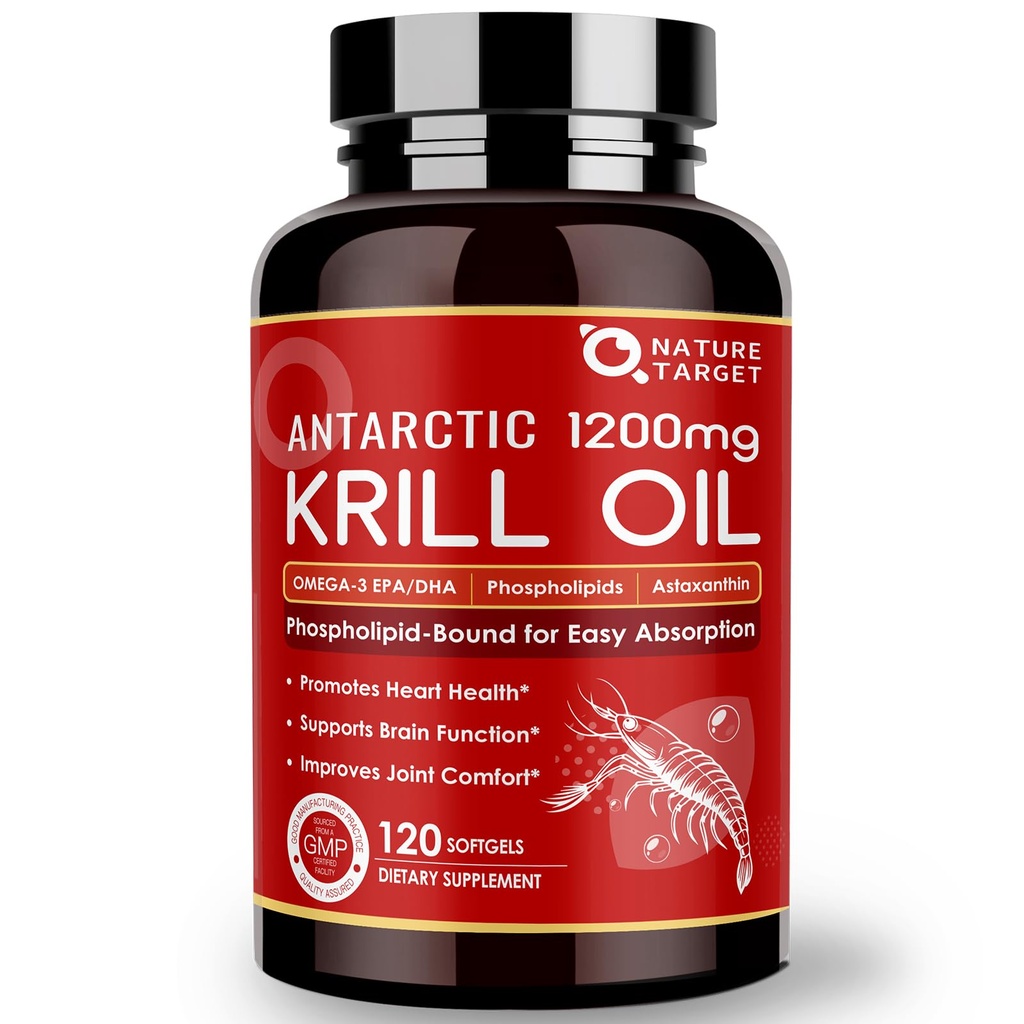 NATURE TARGET Krill Oil 1200mg cu Omega-3 EPA & DHA cu Astaxantină, Fosfolipide și colină - Suporturi Inima, Creier, Alătură-te sănătății, Non-GMO, Gluten Free, 120 Softgels (60 Servings)