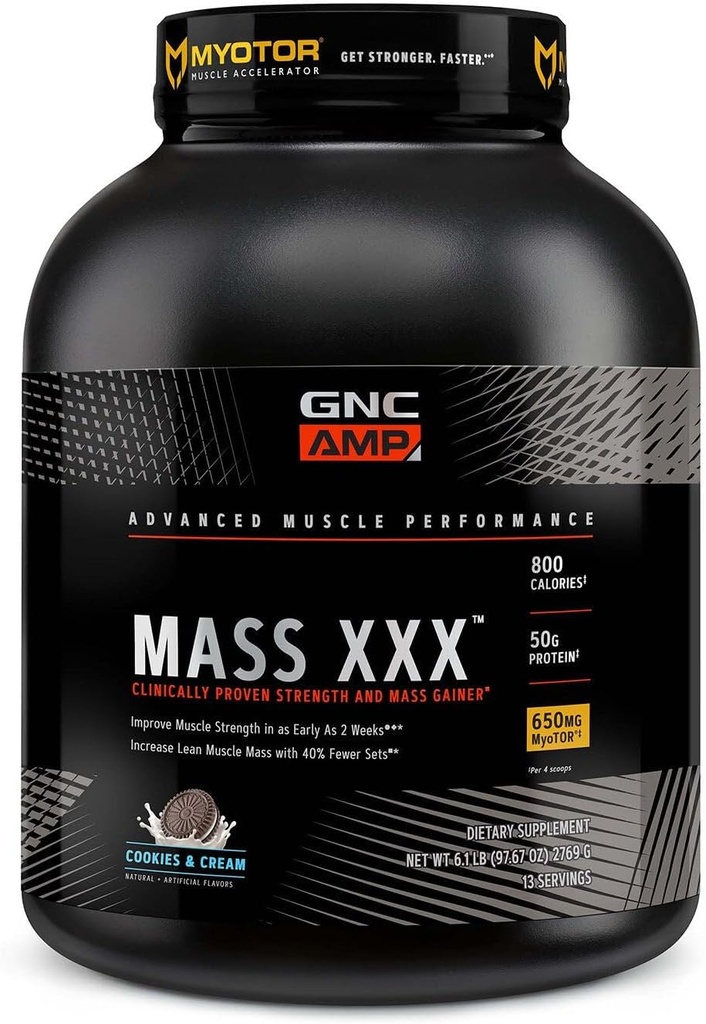 GNC AMP Mass XXX, Clinic dovedit greutate Gainer Proteina pulbere, Îmbunătățește puterea, Dimensiune, 780 Calorii, 50g Proteina, Micronized Amino Acids, Creatina, Betaina, Cookie-uri & Cream, 13 Serviri, 6 SVG