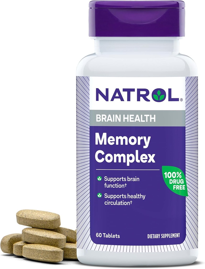 Natrol Memory Complex cu Ginkgo Biloba 120mg și vitamine B, Supliment alimentar pentru sănătate cerebrală și suport de memorie, 60 comprimate, 30 zile de aprovizionare