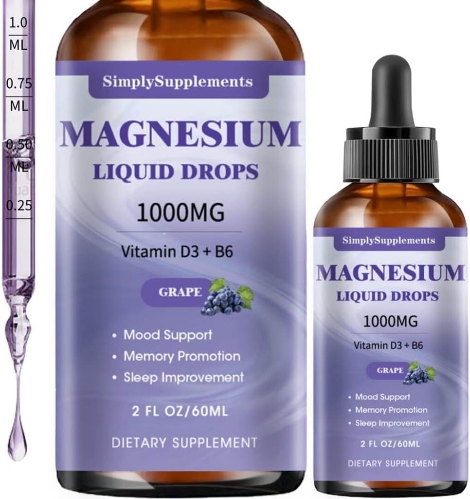 Triple picaturi lichide de magneziu complex, 1000 mg picaturi de magneziu glicinate, Taurate & Citrate cu L-teanină, vitamina D3 & B6 pentru Sleep and Muscle Support, Magneziu calm, Aroma de struguri, 2 Fl OZ