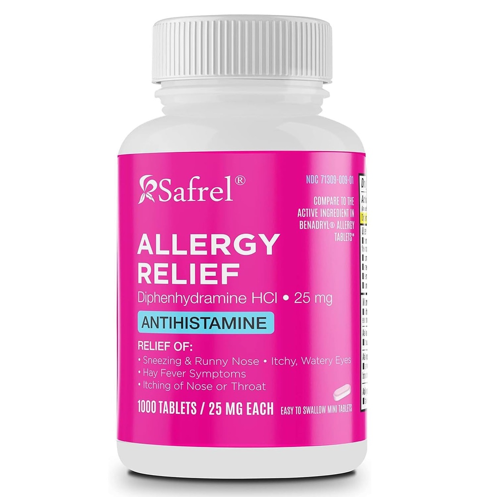 Safrel Alergia Relief Medicamente Difenhidramină HCl Caplete 25 mg (1000 Count), Antihistaminice Relieves Strănut, Runny Nose, Hay Fever, Itchy Eyes and Throat, Seasonal Indoor & Outdoor Alergia pastile