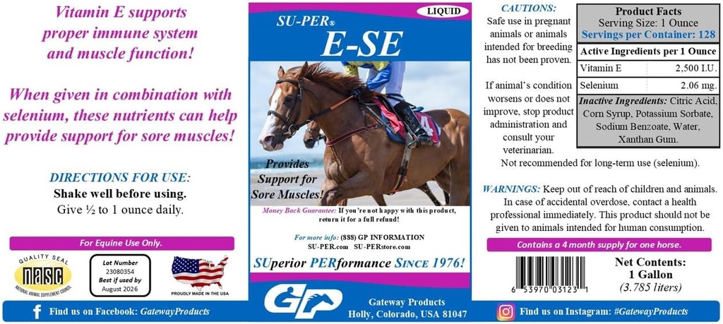 SU-PER E-Se Cai supliment antioxidant - Vitamina E & Seleniu pentru suport muscular sore - 1 galon, 4 luni de aprovizionare (120 zile)