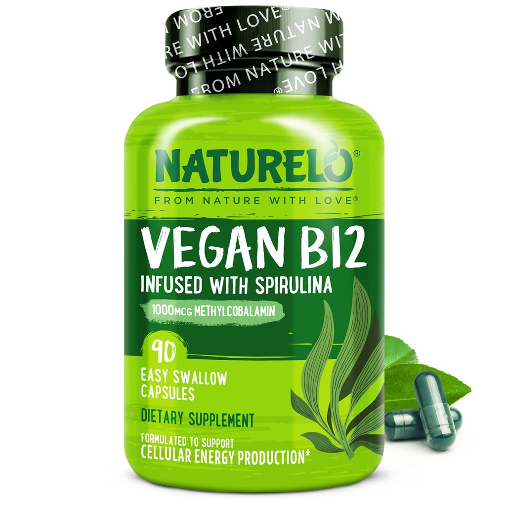 NATURELO Vegan B12 - Metil B12 cu Spirulina organică - vitamina B12 1000 mcg metilcobalamină - Sprijină Mood sănătos, energie, Heart & Eye Health - 90 capsule
