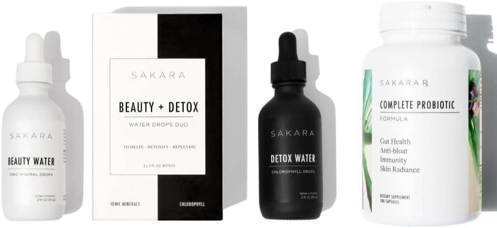Sakara Beauty Water + Detoxifiere picături de apă & Probiotice complete - Urme picături minerale & Clorofile picături lichide, Probiotice pentru femei Digestive Health