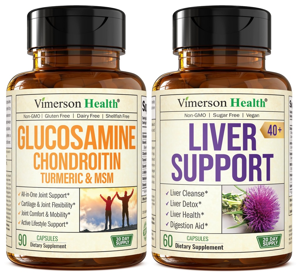 Glucosamină Chondroitin MSM cu Boswellia Turmeric & Liver Cleanse Detox & Reparații 40+ Supliment hepatic cu 50% Silymarin Milk Thistle Extract pentru suport comun și hepatic