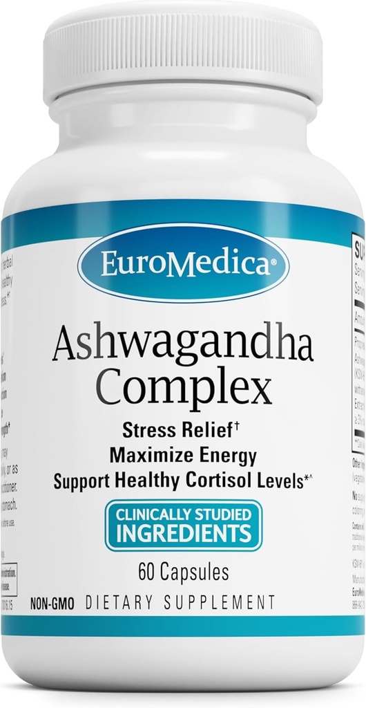 Complexul EuroMedica Ashwagandha - Supliment pentru sprijinirea sănătăţii suprarenale - Ashwagandha Supliment cu extract de Rhodiola Rosea - Suplimentul vegetal pentru susţinerea energiei şi concentraţiei - 60 capsule