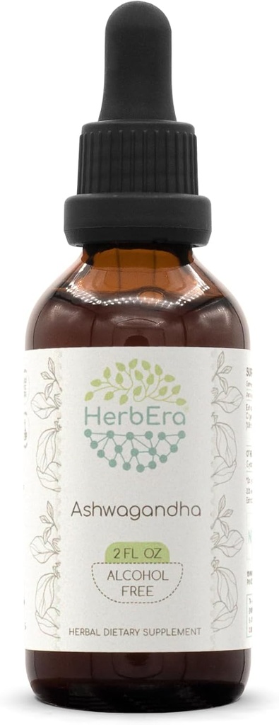 HerbEra Ashwagandha B60 Extract de plante fără alcool Tinctură, super-concentrat (Shui Qie, Indian Ginseng, Withania Somnifera) 2 fl oz