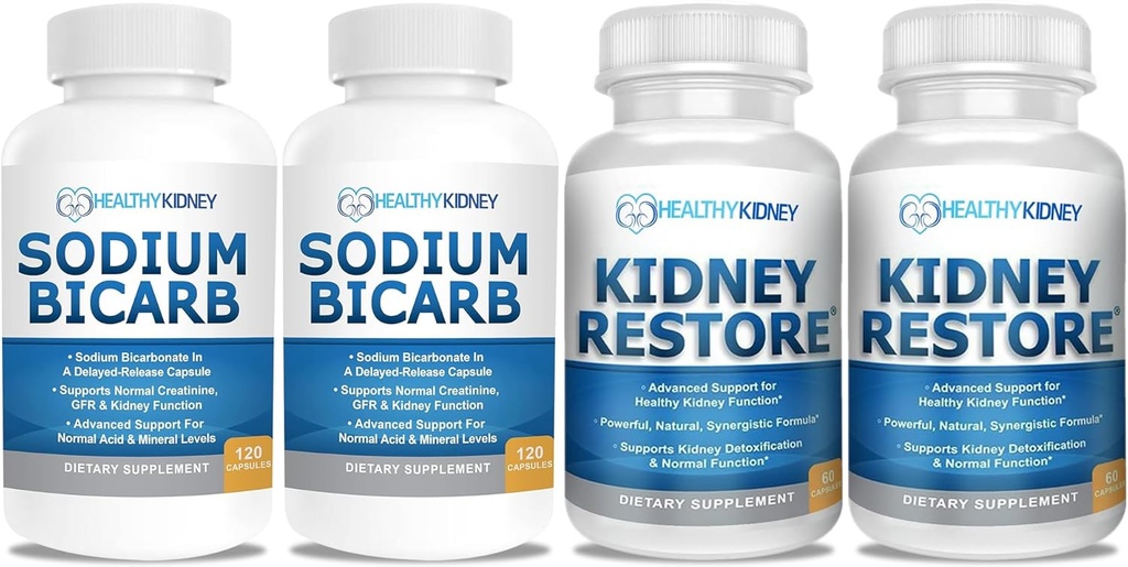 Bicarbonat de sodiu 650 mg Capsule pentru Relief Acid, Alcalinitate 120 Pastile 2- Pachet + Rinichi Restaurare Rinichi Curățare și Rinichi Suplimentul de sănătate, 60 capsule - 2 ambalaj