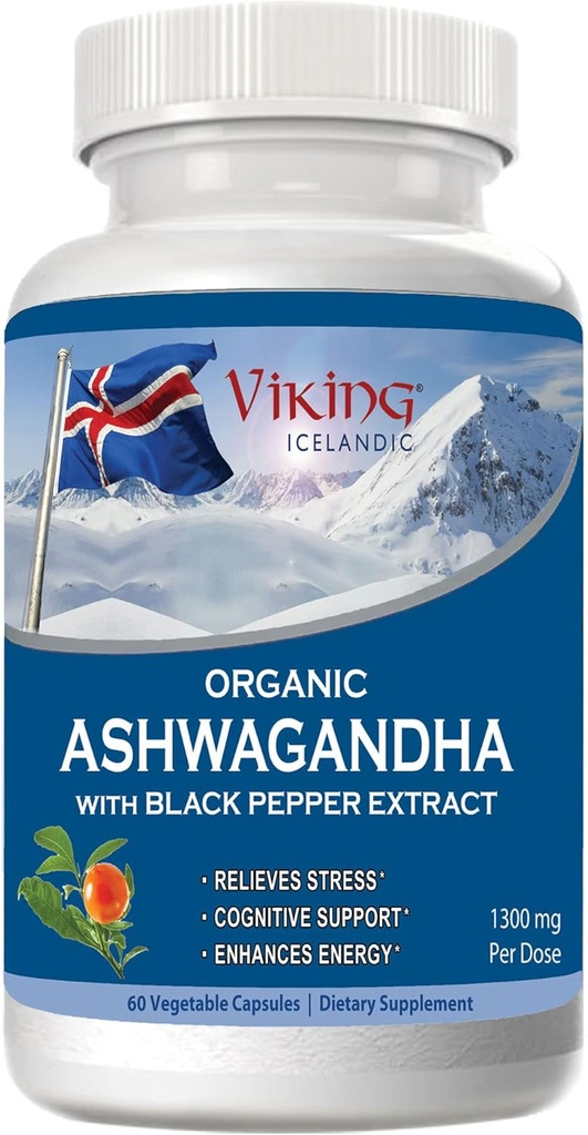 Viking Organic Ashwagandha cu extract de piper negru Islandez. 60 Capsule Vegan - Absorbție maximă pentru stres, Mood & Energy Support