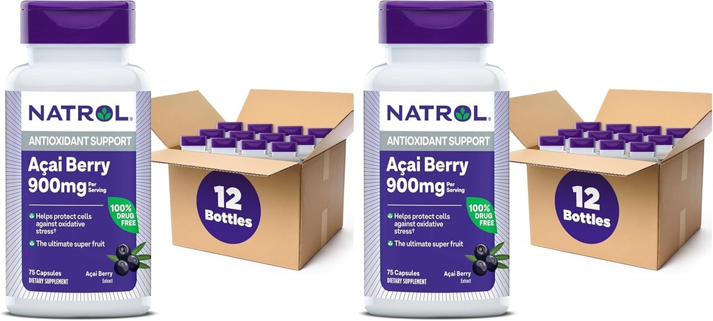Natrol Acai Berry, Supliment alimentar, Antioxidant de protecție și apărare, Ultimate Super Fruit, 1000 mg Veggie Capsule, 75 Conte (Pachet de 24)
