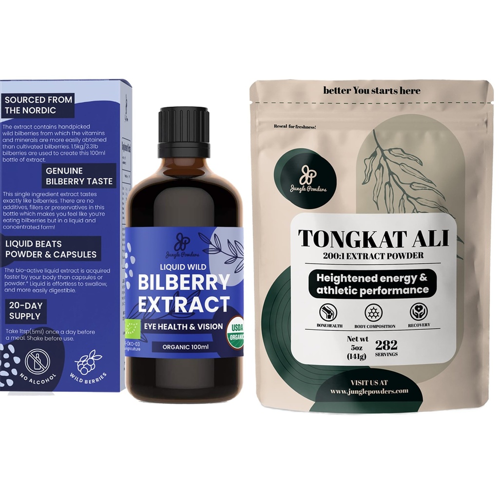 Pudre de junglă Tongkat Ali pentru bărbați Pudre 200:1 Extract 5 Ounce Bag, extract de bilberry sălbatic pentru ochi organice 3.4oz Sticluță Supliment pentru ochi