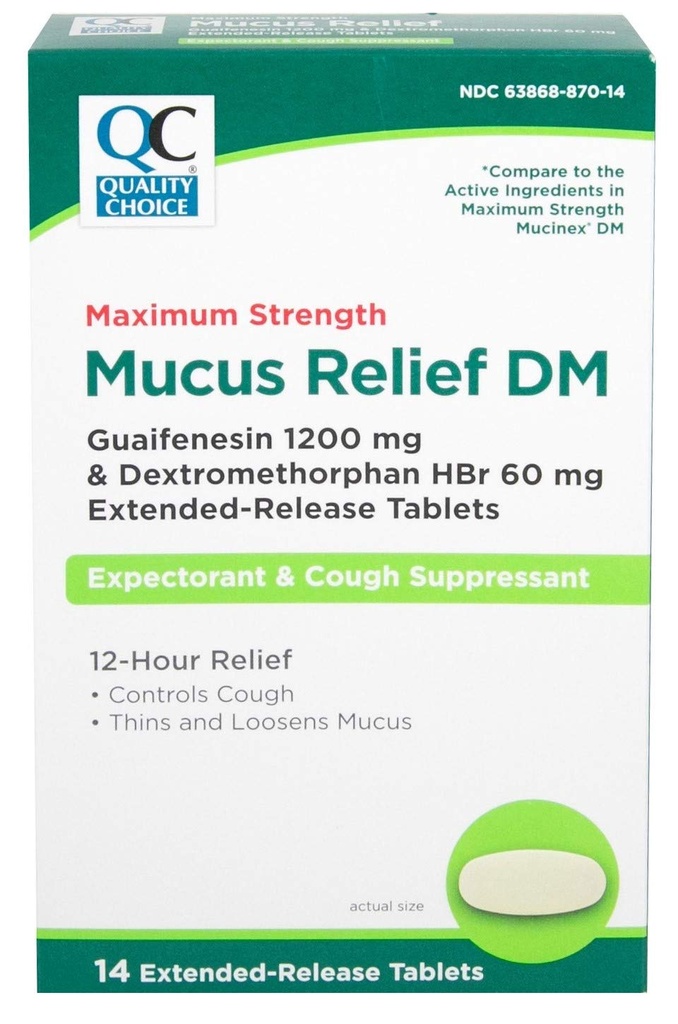 Alegerea calităţii Putere maximă Mucus Relief DM, Tuse Suppressant şi Expectorant, 12 Ore Relief, Guaifensin 1200 mg şi Dextrometorfan HBr 60 mg Extended Release Tablets, 14 Conte