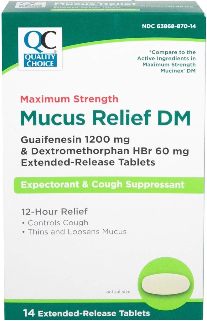 Alegerea calităţii Putere maximă Mucus Relief DM, Tuse Suppressant şi Expectorant, 12 Ore Relief, Guaifensin 1200 mg şi Dextrometorfan HBr 60 mg Extended Release Tablets, 14 Conte