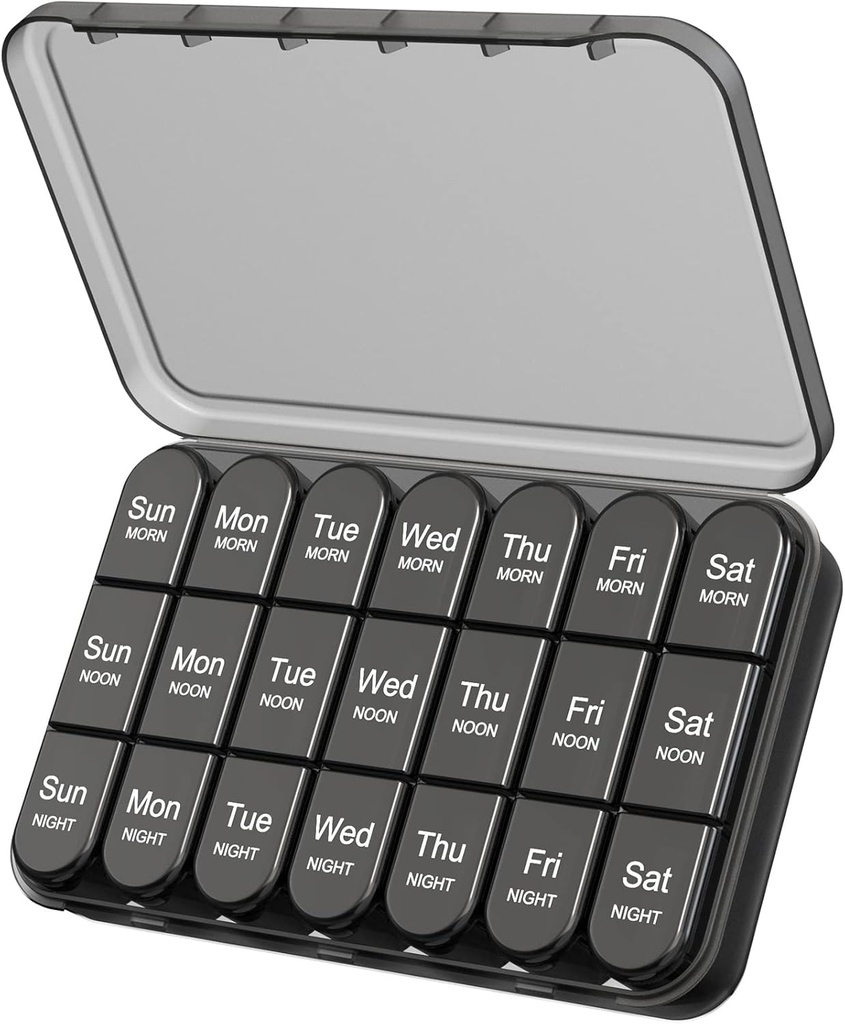 Daviky Pill Organizator 3X o zi, Săptămânal Pilula Cutie 7 zi, Pilula de călătorie caz cu containere mari, Light-Proof Caz Pilula pentru vitamine, medicamente, suplimente și uleiuri de pește (Negru)