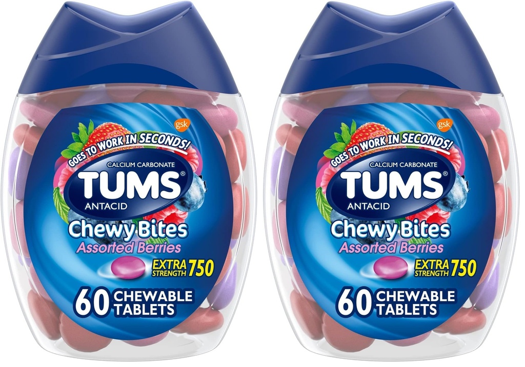 TUMS Chewy Bites Antiacide comprimate pentru Relief masticabile de arsuri la stomac și acid Indigestie Relief, Berrii asortate - 60 Count (Pachet de 2)