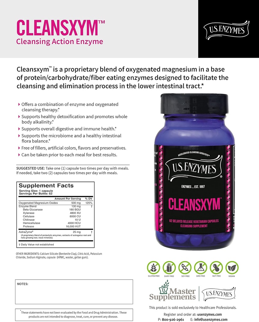 U.S. Enzymes CLEANSXYM 62 Vegetarian Capsules. Cleansing Supplement.