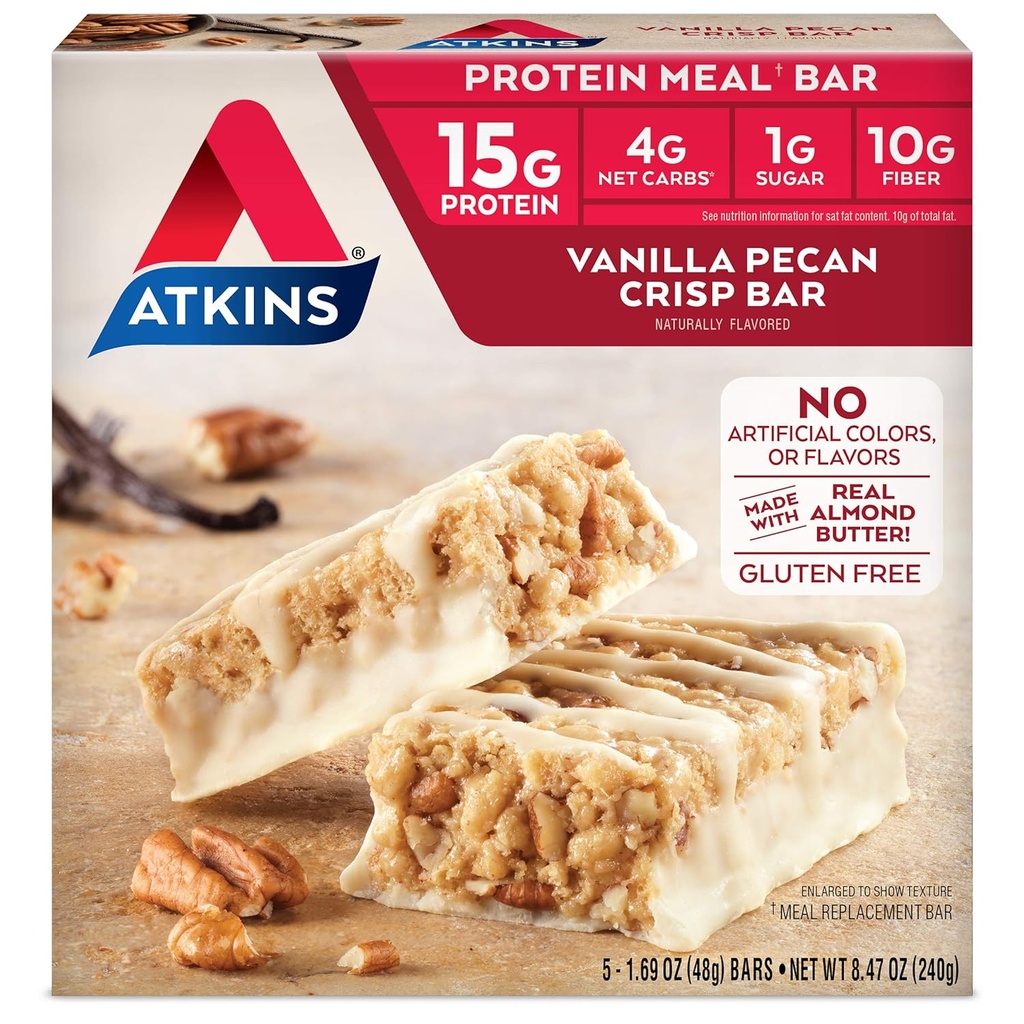 Atkins Vanilla Pecan Crisp Protein Meal Bar, High Fiber, 1g Zahăr, 4g Net Carb Meal Înlocuire, Keto Friendly, 5 Conte