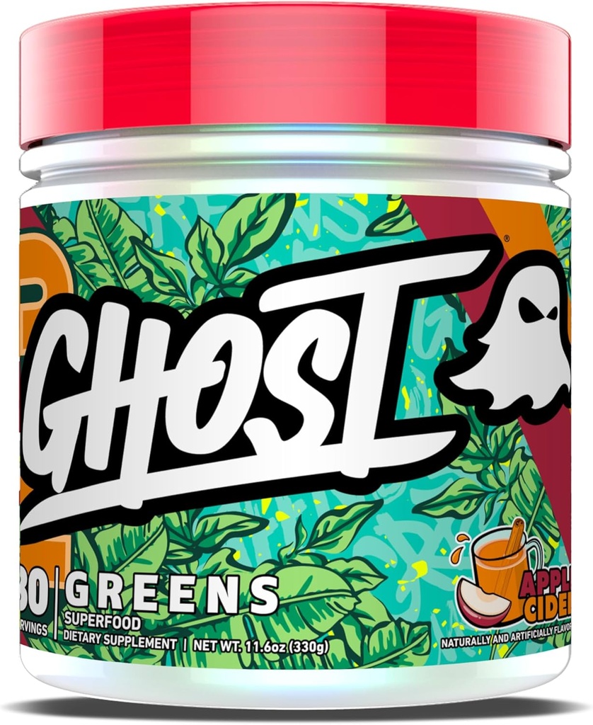 GHOST Greens Powder, Apple Cider - 30 Servings - 19 Superfood Greens & Reds pulbere, fructe, legume, Spirulina, & Chlorella, Prebiotice, 10 miliarde CFU Enzime probiotice și digestive - Gluten-Free