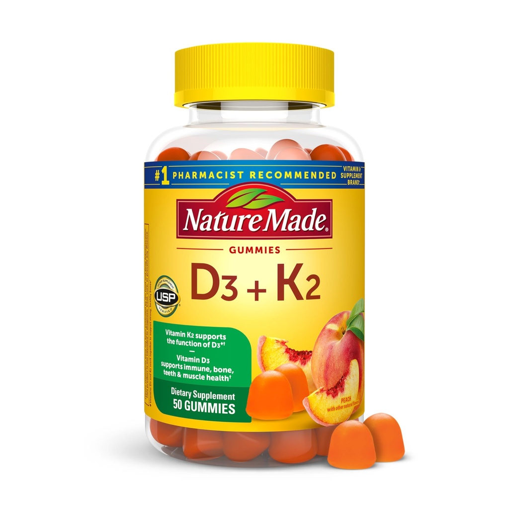 Nature Made Vitamina D3 K2 Gumries, Vitamina D 5000 UI Per Servire pentru Bone, Dinți, Muscle and Immune Support, 50 Gummy Vitamine, 25 zile de aprovizionare