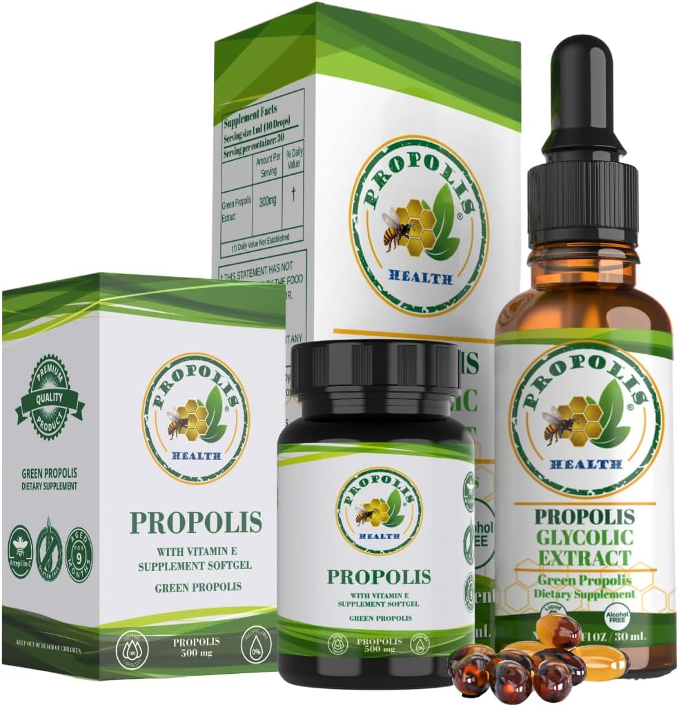 Propolis Health Premium Brazilian Green Propolis Bundle: 1000 mg capsule cu vitamina E & Green Propolis extract lichid - 50 zile Capsule & 30 zile Lichid de aprovizionare pentru sprijin imun