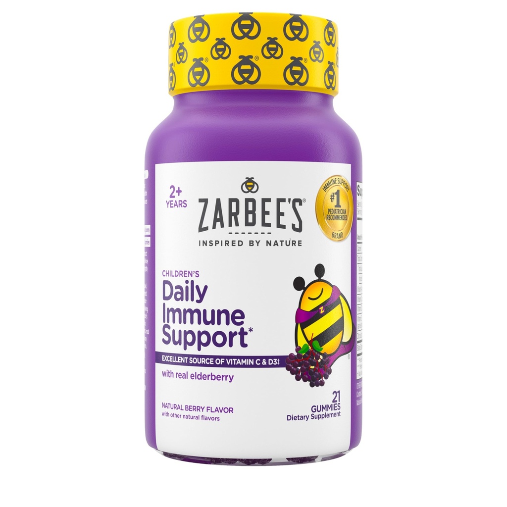 Gume de elderberry Zarbee pentru copii cu vitamina C; zinc & elderberry; Daily Children Suport imun vitamine Gummy pentru copii Vârsta 2 și în sus; Aroma natural Berry; 21 Conte