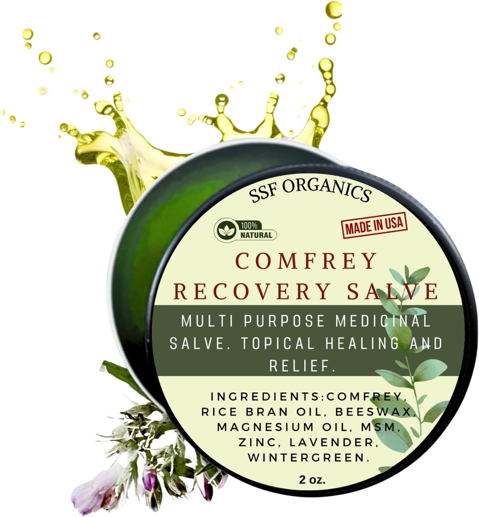 SSF Organics Comfrey Recovery Salve. Balsam organic de plante pentru oase, mușchi, articulații, genunchi, piele, Umflare & Tattoo Care. Lucrată manual, cu infuzie lentă. Fără umpluturi chimice. 2 oz