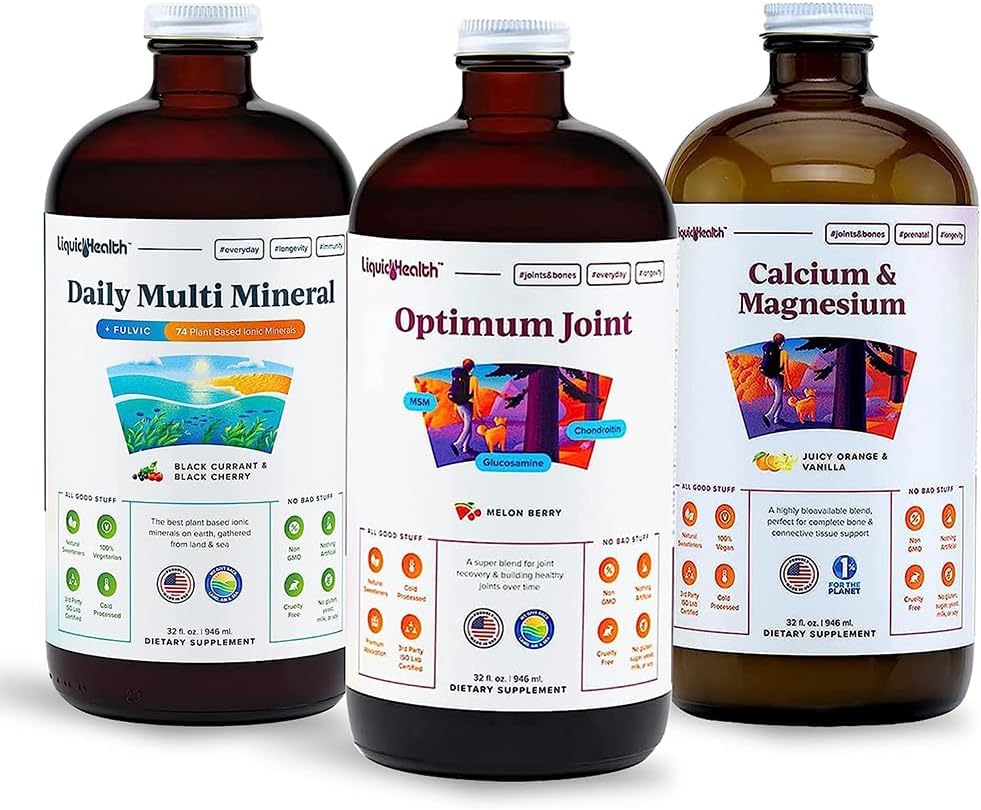 LICHIDHEALTH Muşchi, Oase şi articulaţii Lichid Vitamina Bundle cu Daily Multi Minerale, Optimum Joint Liquicosamine, şi Calciu & Suplimente de magneziu - Bone & Joint Health, Energy, Vegan, Non-GMO
