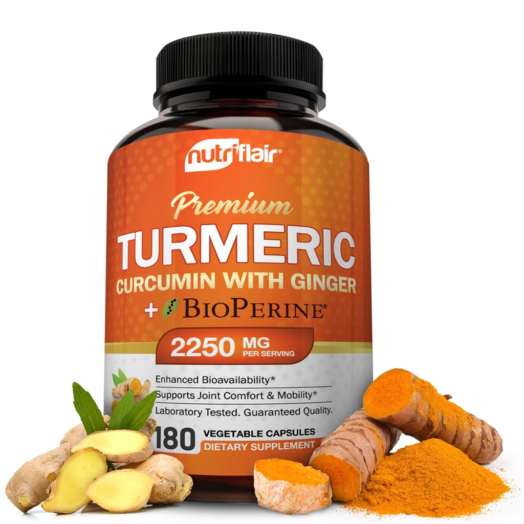 Curcumina nutriFlair cu ghimbir și BioPerine Black Pepper Suplimente, 180 capsule - 95% Curcuminoide - Suport comun, Antioxidant, Anti-Îmbătrânire - Natural, Non-GMO, Vegan cel mai bun potenta maxima