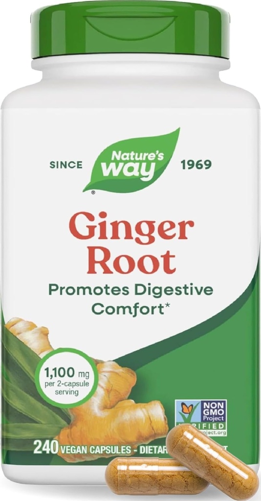 Capsulele cu rădăcină de ghimbir de cale naturală 550 mg per capsulă, Digestive Comfort * Reduce greaţa asociată mişcării*, 1100 mg per 2 capsule, proiect non-GMO verificat, Vegan, 240 Conte (Packaging May Vary)