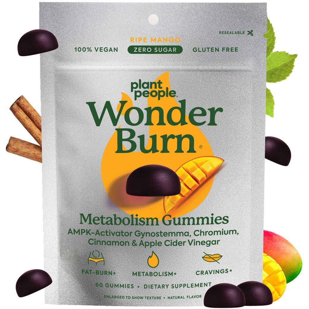 Oamenii plantelor WonderBurn Metabolism & Cravings Control Gummies, Zero Sugar, Ripe Mango Flavor (60 Count)
