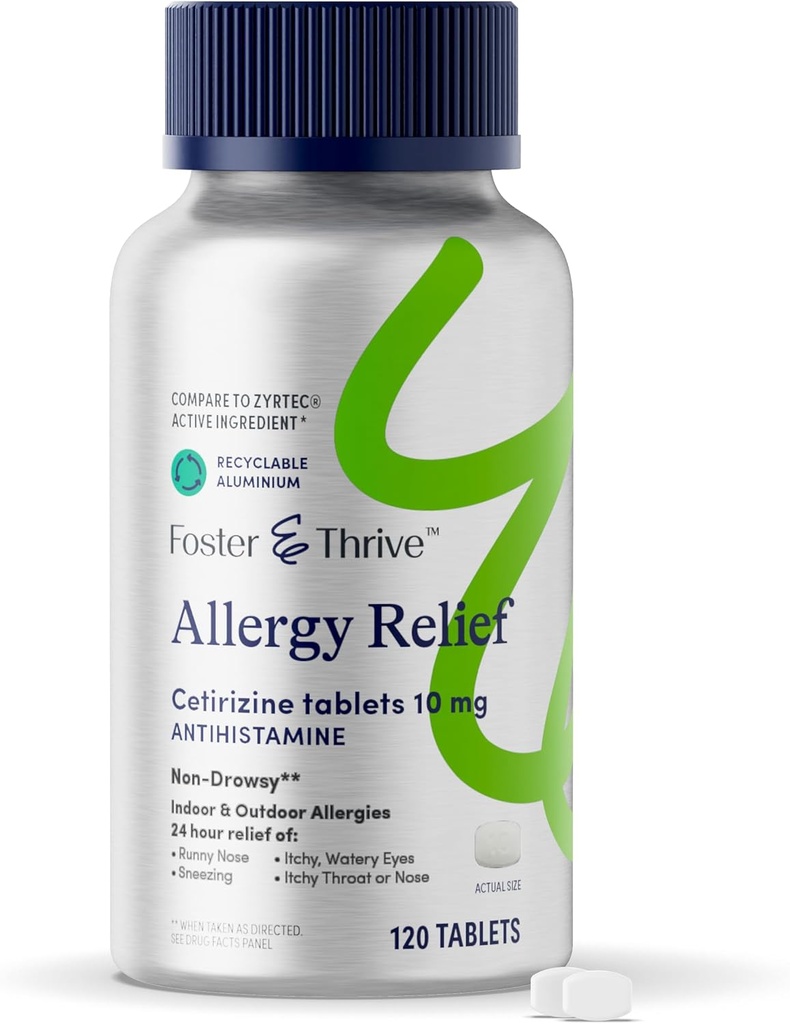 Foster & Thrive Cetirizin HCl 10mg Alergie Relief pentru alergii sezoniere, Polen, Febră Hay, și ochi mâncărimi uscate, medicament antihistaminic non-drowsy pentru copii sau adulți, comparativ cu Zyrtec