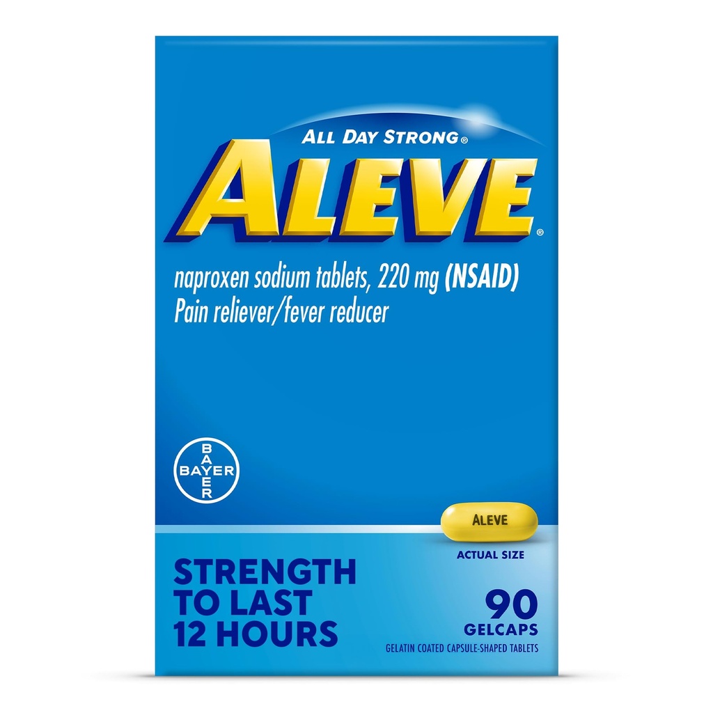 Aleve Pain Relieiver & Fever Reductor Gelcaps, Naproxen Sodiu, dureri de cap și Back and Body Pain Relief Medicine, pentru adulți și copii de 12 ani și în sus, 90 Conte