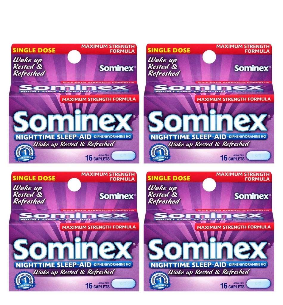 Sominex Caplete de somn pe timp de noapte, Putere maximă, 16 ea (Pachet de 4)