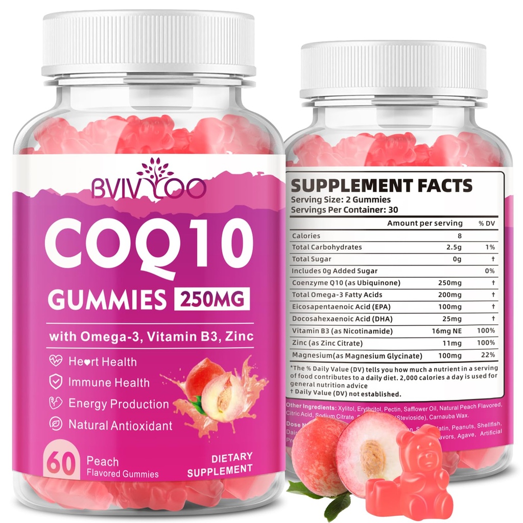 Sugar-Free CoQ10 Gummies 250mg, Plus Omega-3, Vitamina B3 & Zinc, Magneziu - Coenzime de înaltă absorbție Q10 Suplimente pentru sanatatea inimii, energie celulară, și suport antioxidant, 60 Conte